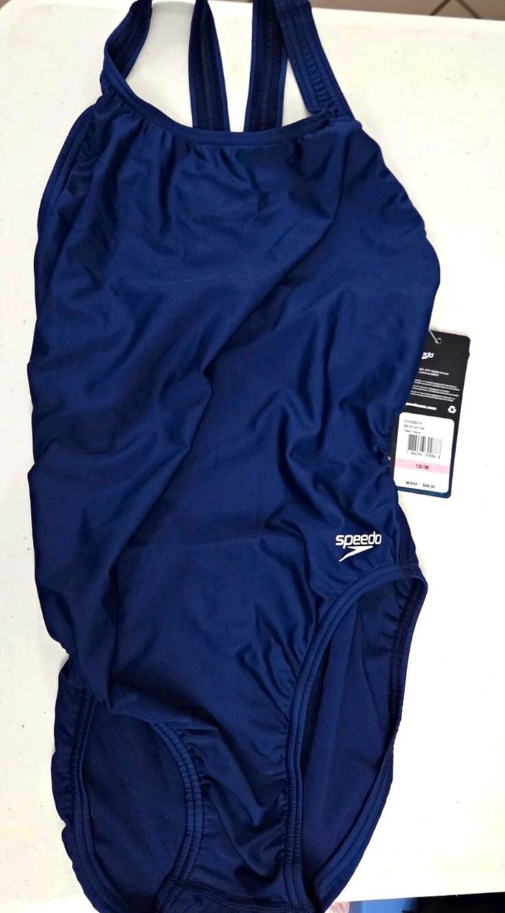 Speedo Women's Solid Blue One-Piece Swimsuit Wide Strap Stretch Size 10/36 NWT